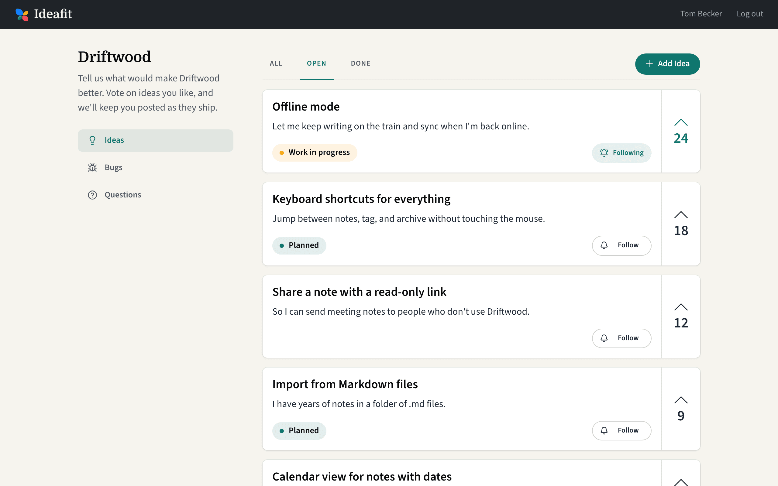 A public Ideafit board with ideas, votes and statuses